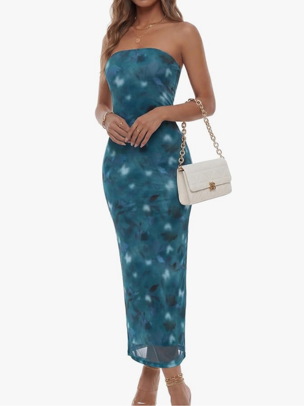 Strapless Teal Tie-Dye Bodycon Midi Dress
